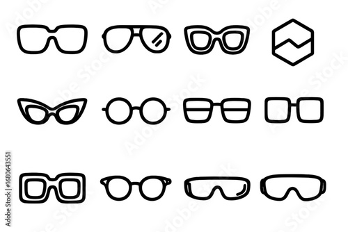 Stylish Eyewear Icons. Outline icon set of bold eyewear: oversized sunglasses, mirrored lenses, colored frames