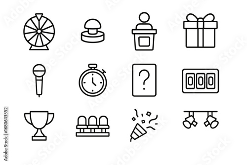 TV Game Show Icons. Outline icon set of TV game shows: spinning wheel, buzzer, contestant podium, prize box,