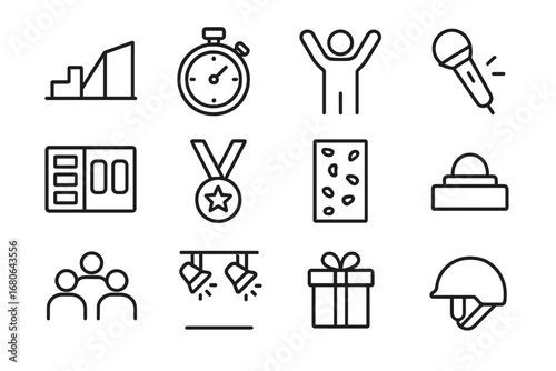Game Show Icons. Outline icon set of physical challenge game shows: obstacle course, timer, contestant, host
