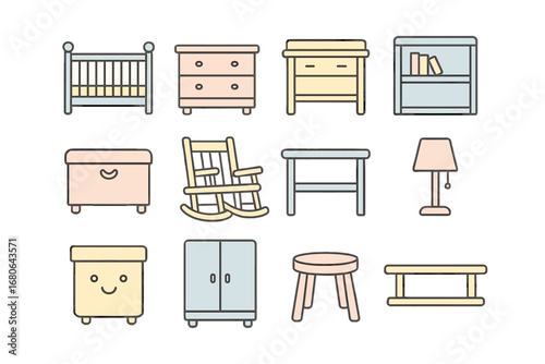Nursery Furniture Icons. Outline icon set of pastel-colored nursery furniture: crib, dresser, changing table,