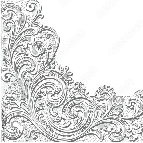 Ornate lace corner design in grayscale. Intricate floral and scroll patterns with a textured, three-dimensional appearance.