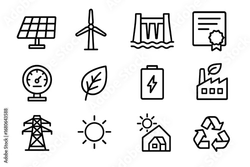 Renewable Energy Icons. Outline icon set of renewable energy credits: solar panel, wind turbine, hydroelectric