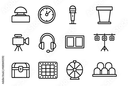 Game Show Icon Set. Outline icon set of TV game show equipment: buzzer button, timer clock, microphone, podium