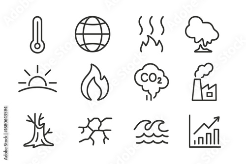 Climate Change Icons. Outline icon set of global temperature rise: thermometer, globe, heat waves, melting ice