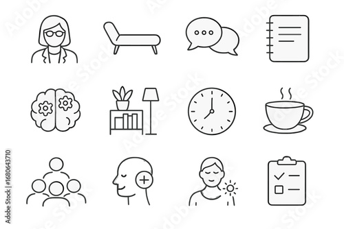 Therapy Icons Collection. Outline icon set of Therapy and counseling: therapist, couch, talking bubbles,