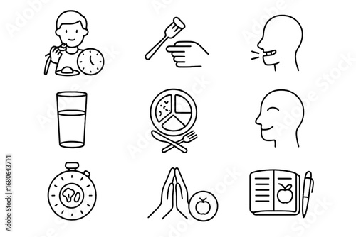Mindful Eating Icons. Outline icon set of Eating habits and mindfulness: slow eating, small bites, no