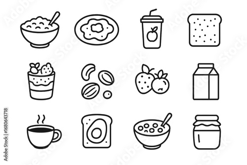 Healthy Breakfast Icons. Outline icon set of Healthy breakfast options: oatmeal bowl, scrambled eggs, fruit