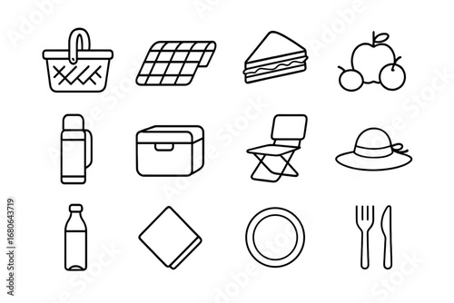 Riverside Picnic Icons Set. Outline icon set of riverside picnic: picnic basket, blanket, sandwich, fruit,