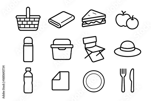 Riverside Picnic Icons Set. Outline icon set of riverside picnic: picnic basket, blanket, sandwich, fruit,