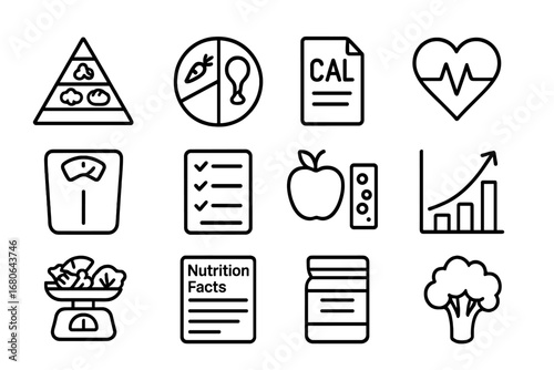 Nutritional Icons Grid. Outline icon set of Nutritional guidelines: food pyramid, plate portion, calorie