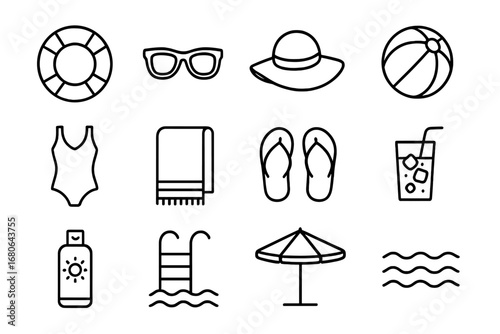 Pool Day Icons. Outline icon set of floating in the pool on a sunny day: inflatable ring, sunglasses, sun hat,