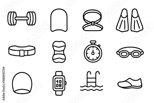 Water Fitness Icons. Outline icon set of water fitness in pool: water dumbbells, kickboard, resistance band,