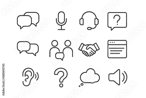 Conversation Icons Grid. Outline icon set of Conversation dynamics: speech bubbles, microphone, headset,