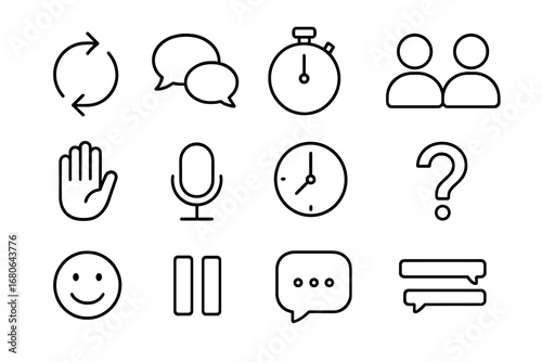 Conversation Icon Set. Outline icon set of Conversation flow and turn-taking: arrows, speech bubbles, timer,