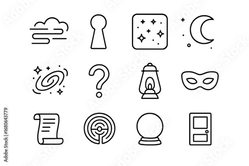Mystery Icons Collection. Outline icon set of the unknown and mystery: fog, keyhole, starry sky, moon, galaxy,
