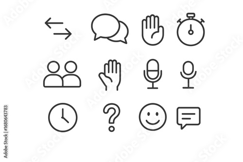 Conversation Icon Set. Outline icon set of Conversation flow and turn-taking: arrows, speech bubbles, timer,