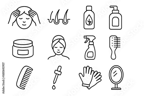 Scalp Treatment Icons. Outline icon set of Scalp treatment session: scalp massage, hair follicles, essential