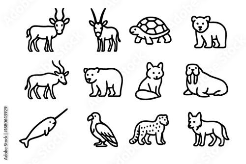 Endangered Animal Icons. Outline icon set of Endangered animals in deserts and arctic: saiga antelope, Arabian