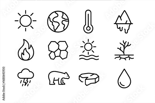 Global Warming Icons. Outline icon set of global warming: sun, earth, thermometer, melting glacier, wildfire,