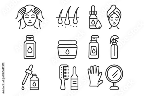 Scalp Treatment Icons. Outline icon set of Scalp treatment session: scalp massage, hair follicles, essential