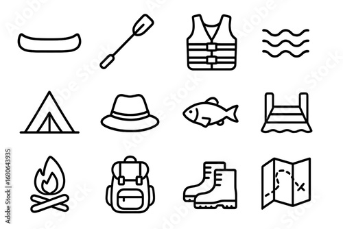Canoeing Adventure Icons. Outline icon set of canoeing trips: canoe, paddle, life jacket, water waves, tent,