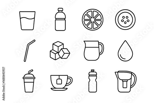 Hydration Icon Set. Outline icon set of hydration habits: water glass, bottle, lemon slice, cucumber, straw,