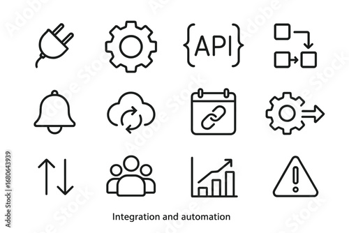Integration Tools Icons. Outline icon set of Integration and automation tools: plug icon, gear/settings, API