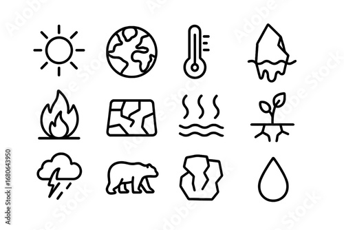 Global Warming Icons. Outline icon set of global warming: sun, earth, thermometer, melting glacier, wildfire,