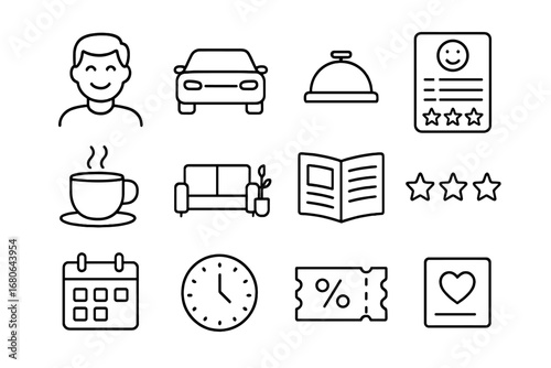 Car Wash Icons. Outline icon set of Car wash customer experience: smiling customer, car, service bell,