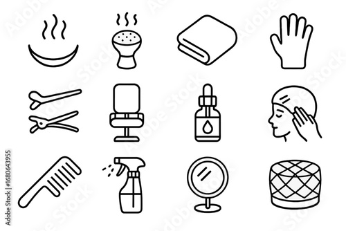 Scalp Steaming Icons. Outline icon set of Scalp steaming session: steam vapor, diffuser, towel, gloves, hair