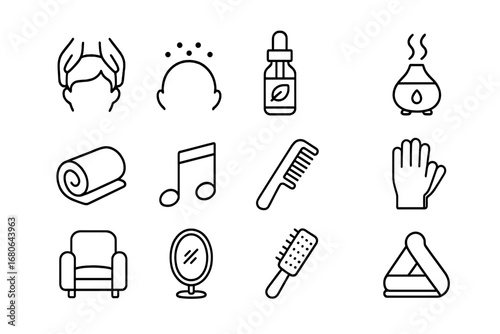 Scalp Massage Icons. Outline icon set of Relaxing scalp massage: massage hands, scalp dots, essential oil