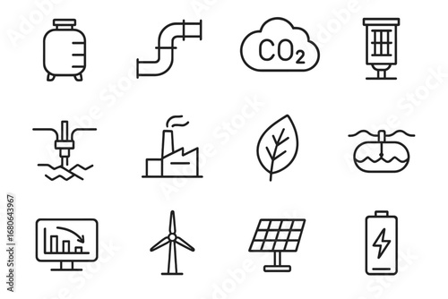 Carbon Capture Icons. Outline icon set of carbon capture: storage tank, pipeline, CO2 cloud, filter system,