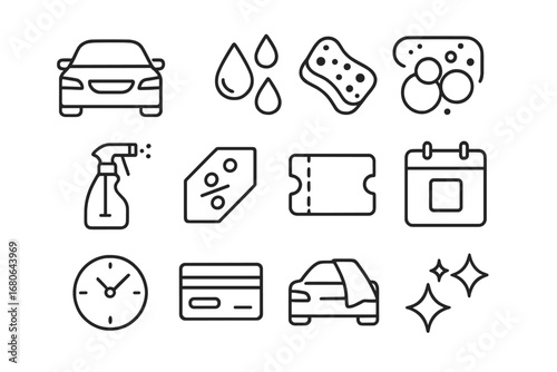 Car Wash Icons. Outline icon set of Car wash coupon or flyer: car, water droplets, sponge, soap bubbles, spray