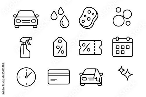 Car Wash Icons. Outline icon set of Car wash coupon or flyer: car, water droplets, sponge, soap bubbles, spray