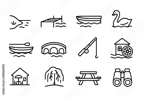 Riverside Sightseeing Icons. Outline icon set of riverside sightseeing: riverbank, dock, rowboat, swan, canoe,