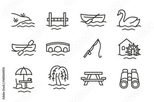 Riverside Sightseeing Icons. Outline icon set of riverside sightseeing: riverbank, dock, rowboat, swan, canoe,