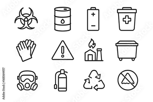 Hazardous Waste Icons. Outline icon set of hazardous waste management: biohazard symbol, chemical barrel,