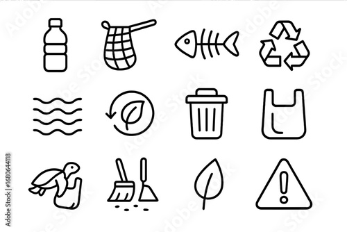Marine Waste Icons. Outline icon set of marine waste and ocean pollution: plastic bottle, fishing net, fish