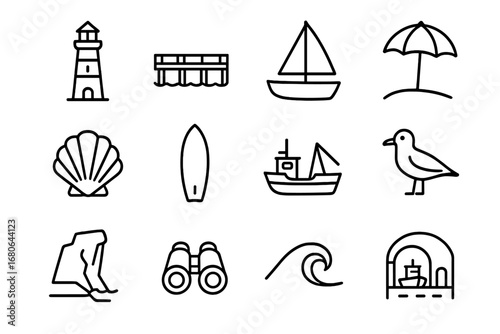 Coastal Icons Set. Outline icon set of visiting coastal sights: lighthouse, pier, sailboat, beach umbrella,