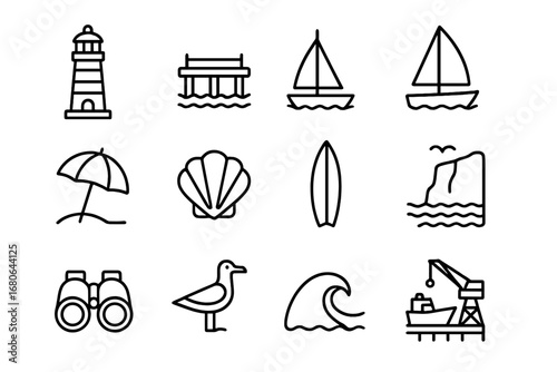 Coastal Icons Set. Outline icon set of visiting coastal sights: lighthouse, pier, sailboat, beach umbrella,
