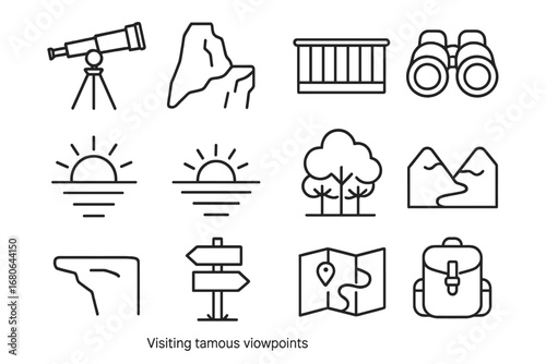 Viewpoint Icon Set. Outline icon set of visiting famous viewpoints: telescope, mountain cliff, platform