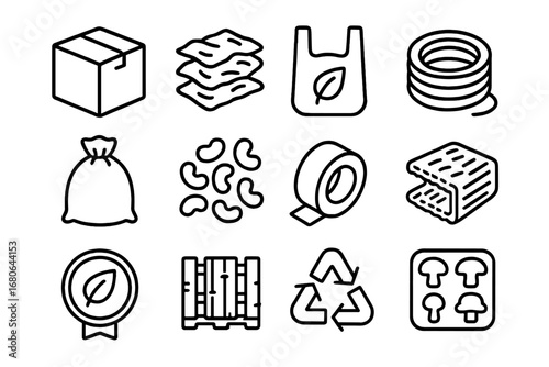 Biodegradable Shipping Icons. Outline icon set of biodegradable shipping materials: cardboard box, paper
