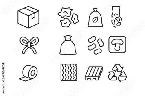 Biodegradable Shipping Icons. Outline icon set of biodegradable shipping materials: cardboard box, paper