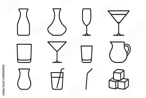 Glass Drinkware Icons. Outline icon set of glass drinkware: water carafe, wine decanter, champagne flute,