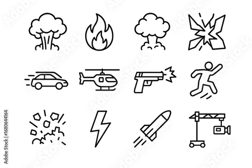 Action Movie Icons. Outline icon set of an action-packed movie scene with explosions and special effects: