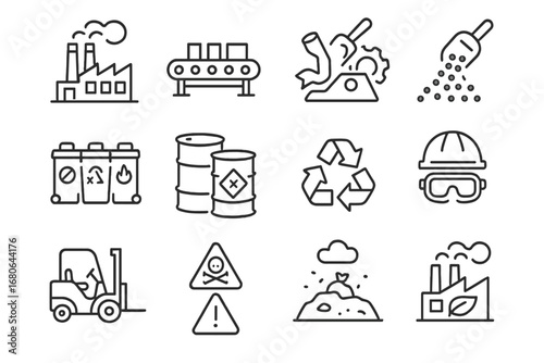 Industrial Waste Icons. Outline icon set of industrial waste sorting and recycling: factory, sorting conveyor