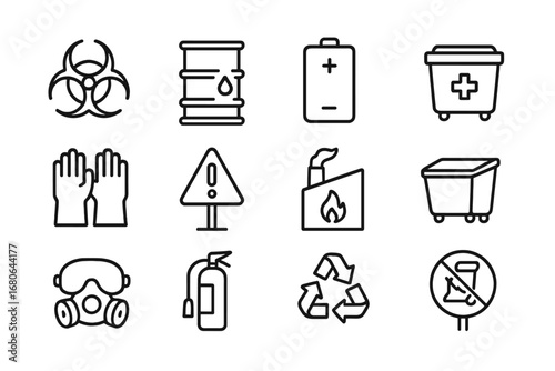 Hazardous Waste Icons. Outline icon set of hazardous waste management: biohazard symbol, chemical barrel,