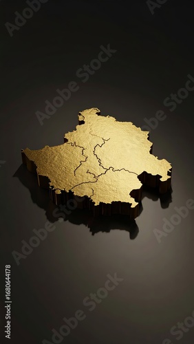 Golden shimmer of Kosovo's map on black backdrop, geographical elegance art