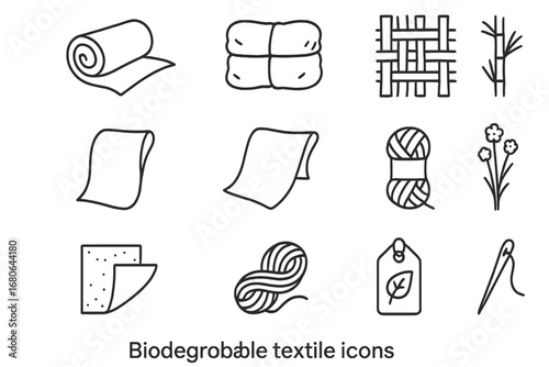 Biodegradable Textiles Icons. Outline icon set of biodegradable textiles: hemp fabric roll, organic cotton