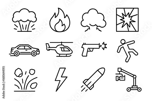 Action Movie Icons. Outline icon set of an action-packed movie scene with explosions and special effects: